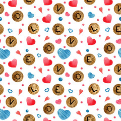 Wooden planks with love pattern.  Background of watercolor hearts in red and blue. Cute illustration for wallpaper, background, textile or paper design.