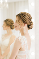 Portrait of a beautiful young bride in a bright room in a romantic atmosphere. Close-up of wedding dress details