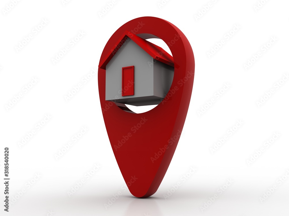 Poster 3d illustration search for property.a map with large red gps pointer containing