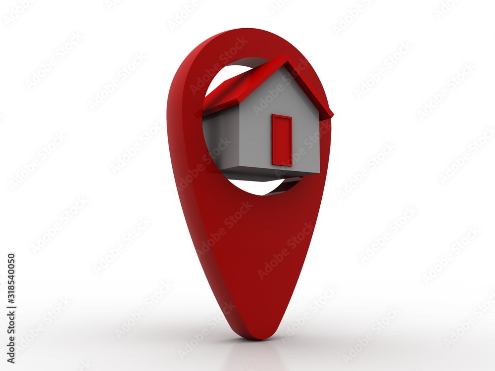 Poster 3d illustration search for property.a map with large red gps pointer containing