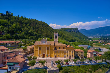 Fototapeta na wymiar Aerial view, Parish of San Giovanni Battista, city Cavaion Veronese, Italy