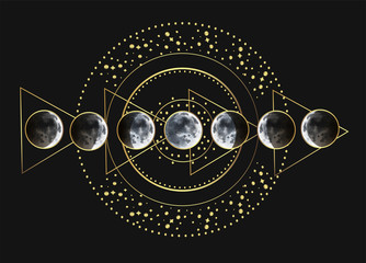 Vector illustration set of moon phases. Different stages of moonlight activity in vintage engraving style.
