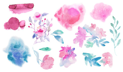 .Set of watercolor spots, flowers and leaves. Isolated on white background.