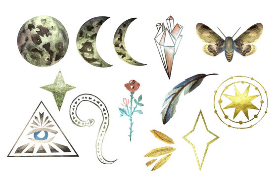 Magical and mystical characters. Stock illustration with moon phases, rose, stars, feather and nocturnal. 
