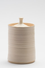 Ceramic pot with lid, white glaze, handmade pot