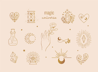 Vector witch and Magic Collection with: magic potion, moon, sand flowers, infinity sign, crystal, heart, crystal ball