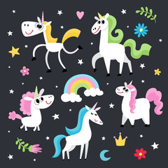 Obraz na płótnie Canvas Cute magic collection with unicorn character isolated on black.