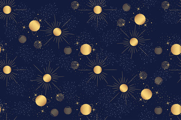 Obraz na płótnie Canvas starry sky seamless pattern with solar system, sun and planets