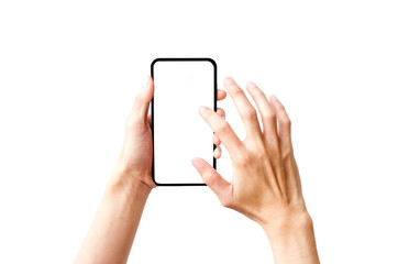 Closeup shot of a man typing on mobile phone isolated on white background with clipping path.