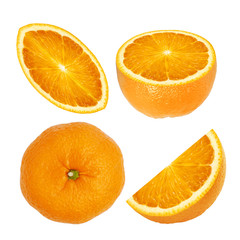 Set of sweet juicy orange fruit whole, half and slice for design isolated on white background