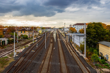 Fototapeta na wymiar Elevated view of the railroad tracks at the Dimitrovgrad, Haskovo Province Bulgaria railroad station