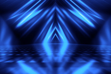 Abstract dark background with blue neon glow. Neon luminous figure in the center of the stage....