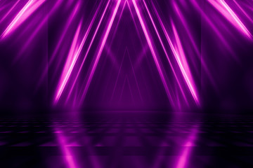 Abstract dark background with purple neon glow. Neon luminous figure in the center of the stage. Light lines on a dark background, smoke, smog