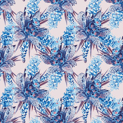 Primula spring flowers, seamless pattern