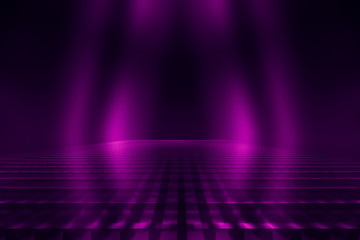 Abstract dark background with purple neon glow. Neon luminous figure in the center of the stage. Light lines on a dark background, smoke, smog