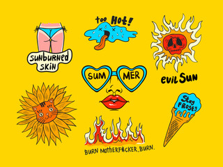 summer symbols, stickers: melted ice cream, sun, sunburn, heat, flower