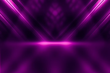 Abstract dark background with purple neon glow. Neon luminous figure in the center of the stage. Light lines on a dark background, smoke, smog