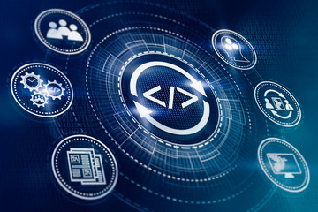 Agile development methodology for business. Dev technology for quick workflow of programming and coding. Iterative engineering strategy