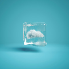 Cloud frozen inside ice cube on blue background. Ice cube with white cloud inside. Surreal minimal concept flat lay. 
