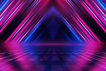 Abstract dark background with blue and pink neon glow. Neon luminous figure in the center of the stage. Light lines on a dark background, smoke, smog