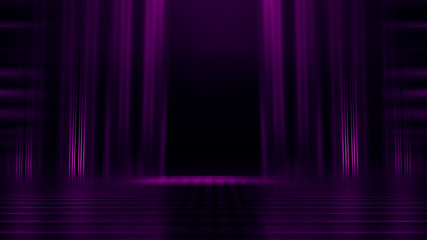 Abstract dark background with purple neon glow. Neon luminous figure in the center of the stage....