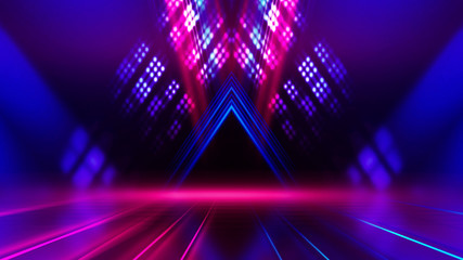 Abstract dark background with blue and pink neon glow. Neon luminous figure in the center of the...
