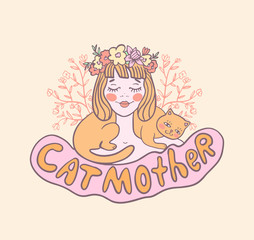 cat mother, cat lady , vector illustration of a girl in a wreath with a cat on her shoulders, sticker