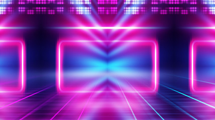 Abstract dark background with blue and pink neon glow. Neon luminous figure in the center of the...