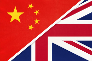 Fototapeta na wymiar Republic of China vs United Kingdom of Great Britain national flag from textile. Relationship between two countries.