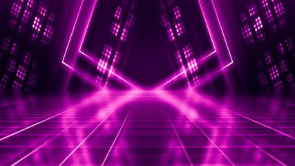 Abstract dark background with purple neon glow. Neon luminous figure in the center of the stage. Light lines on a dark background, smoke, smog