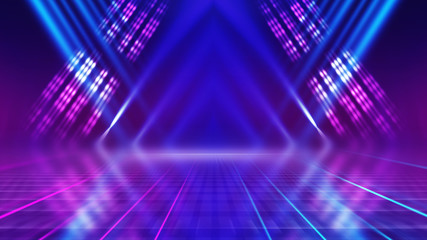 Abstract dark background with blue and pink neon glow. Neon luminous figure in the center of the...