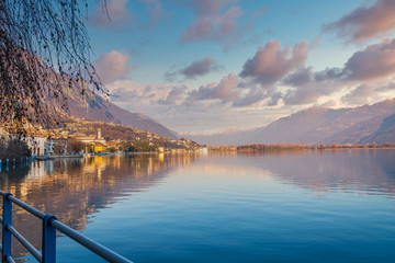 beautiful view of Iseo lake from the city of Lovere with copy space,Bergamo,Lombardy Italy.