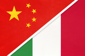 China or PRC vs Italy national flag from textile. Relationship between asian and european countries.