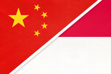 China or PRC vs Monaco national flag from textile. Relationship between asian and european countries.