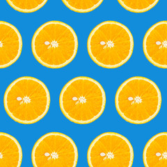 Slices of orange on a classic blue background, top view. Isolated, seamless pattern.