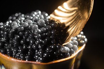 Black caviar and spoon close-up - obrazy, fototapety, plakaty