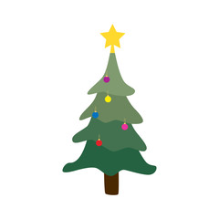 Cartoon Christmas tree in garlands isolated on white background. Hand drawn holiday fir in doodle style symbol.