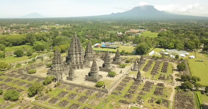 Aerial view of Prambanan temple and volcano