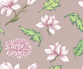 Seamless floral pattern with magnolias and chrysanthemums