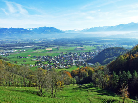 A village of R&uuml;thi SG (Ruthi SG or Ruethi SG) at the foot of a Alpstein mountain range and in the Rhine river valley (Rheintal) - Canton of St. Gallen, Switzerland
