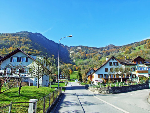 A village of R&uuml;thi SG (Ruthi SG or Ruethi SG) at the foot of a Alpstein mountain range and in the Rhine river valley (Rheintal) - Canton of St. Gallen, Switzerland