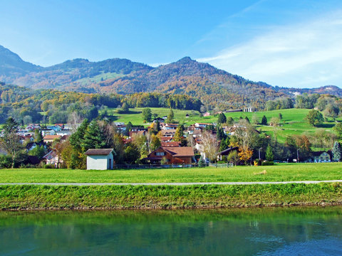 A village of R&uuml;thi SG (Ruthi SG or Ruethi SG) at the foot of a Alpstein mountain range and in the Rhine river valley (Rheintal) - Canton of St. Gallen, Switzerland