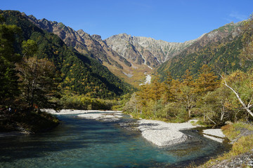 Naklejka na ściany i meble Beautiful crystal clear water river landscape with mountain background in Japan Alps Kamikochi, Nagano, Japan