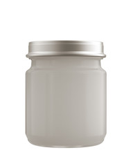 White Colorless Baby Puree, Jam or other Food in Glass Jar. Realistic 3D Render Isolated on White.