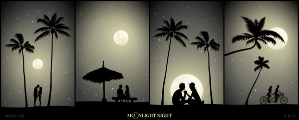 Set of vector illustration with silhouettes of lovers on beach on moonlit night. People on sand under palm trees. Couple under straw umbrella. Family on bike tandem. Full moon in starry sky