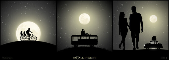 Set of vector illustration with silhouettes of people and retro cars on moonlit night. Father with children on bicycle. Couple on roof of camper. Lovers walk on beach. Full moon in starry sky