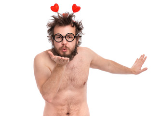 Happy Valentines Day. Crazy bearded Man with funny Haircut in eye Glasses. Silly guy in Love,...