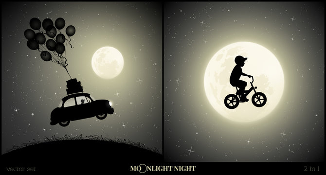 Set of vector illustration with silhouette of boy on bike flying in sky on moonlit night. Retro car flies on balloons. Flight in dream. Full moon in starry sky