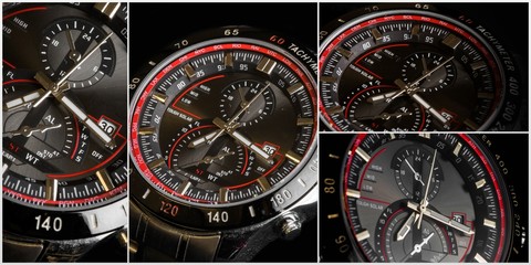  Set of Luxury  sport chronograph black Analog Men's Watch silver red steel for men luxury on black background - detail view