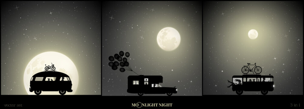 Set of vector illustration with silhouettes of people in camper on moonlit night. Parents with children traveling in retro car. Family road trip. Full moon in starry sky